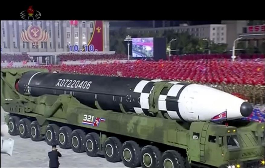 This image made from video broadcasted by North Korea&#39;s KRT, shows a military parade with what appears to be possible new intercontinental ballistic missile at the Kim Il Sung Square in Pyongyang, Saturday, Oct. 10, 2020. North Korean leader Kim Jong Un warned Saturday that his country would “fully mobilize” its nuclear force if threatened as he took center stage at a massive military parade to mark the 75th anniversary of the country’s ruling party. (KRT via AP)