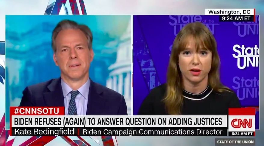 CNN host Jake Tapper fired back at a Joe Biden campaign official on Sunday after she repeated a claim by the Democratic presidential nominee that Senate Republicans are acting unconstitutionally by confirming Amy Coney Barrett to the Supreme Court. (Screengrab via CNN)