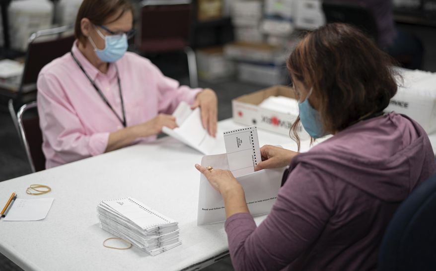 FILE - In this July 29, 2020, file photo, Lisa Finander, right, checks that each ballot has the voter's name on the ballot and mailing envelope and Laurie Mattila, left, checked that it was correct at Minneapolis Elections & Voter Services in Minneapolis. A federal judge has upheld a state court agreement that extends Minnesota's deadline for counting absentee ballots by seven days. Republicans had asked U.S. District Judge Nancy Brasel to block the seven-day extension that Democratic Secretary of State Steve Simon agreed to in state court after a citizens’ rights group cited concerns about voter safety due to the COVID-19 pandemic. But Brasel ruled late Sunday, Oct. 11, 2020, that the plaintiffs in the case — a pair of Republicans serving as electors in the presidential election — don't have standing and denied their motion for a preliminary injunction.(Glen Stubbe/Star Tribune via AP, File)