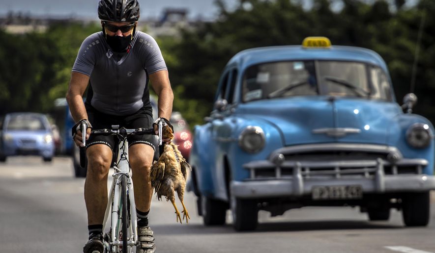 A cyclist wearing a mask as a precaution against the spread of the new coronavirus carries a chicken in his hand while he pedals his bicycle in Havana, Cuba, Sunday, Oct. 11, 2020. (AP Photo/Ramon Espinosa)