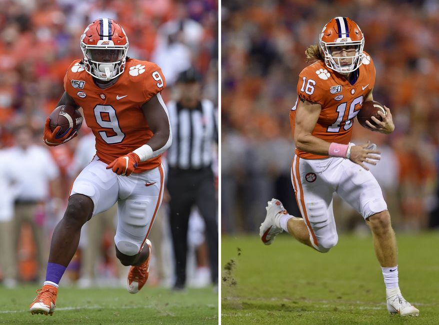 At left, in a Saturday, Oct. 12, 2019, file photo, Clemson's Travis Etienne runs out of the backfield to score a touchdown during the first half of an NCAA college football game against Florida State, in Clemson, S.C. At right, in a Saturday, Oct. 26, 2019, file photo, Clemson's Trevor Lawrence rushes on a quarterback keeper during the first half of an NCAA college football game against Boston College, in Clemson, S.C. Clemson quarterback Trevor Lawrence and tailback Travis Etienne love competing on the same side with the top-ranked Tigers. If they keep playing as they have, they may be competing against each other for college football's biggest individual prize, the Heisman Trophy. (AP Photo/Richsard Shiro, File) **FILE**