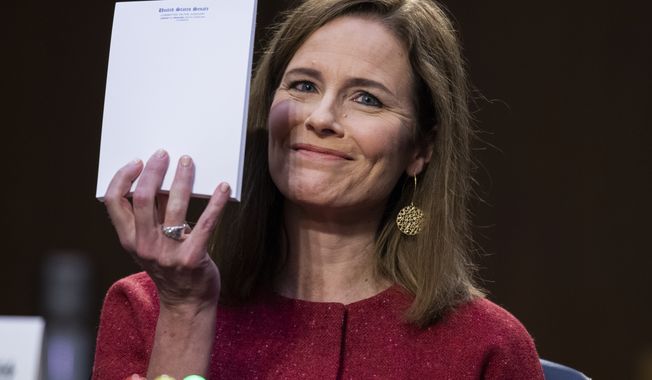 Supreme Court nominee Amy Coney Barrett holds up her notepad as she speaks during her confirmation hearing before the Senate Judiciary Committee on Capitol Hill in Washington, Tuesday, Oct. 13, 2020. (Tom Williams/Pool via AP)