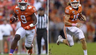 FILE - At left, in a Saturday, Oct. 12, 2019, file photo, Clemson&#x27;s Travis Etienne runs out of the backfield to score a touchdown during the first half of an NCAA college football game against Florida State, in Clemson, S.C. At right, in a Saturday, Oct. 26, 2019, file photo, Clemson&#x27;s Trevor Lawrence rushes on a quarterback keeper during the first half of an NCAA college football game against Boston College, in Clemson, S.C. Clemson quarterback Trevor Lawrence and tailback Travis Etienne love competing on the same side with the top-ranked Tigers. If they keep playing as they have, they may be competing against each other for college football&#x27;s biggest individual prize, the Heisman Trophy. (AP Photo/Richsard Shiro, File)