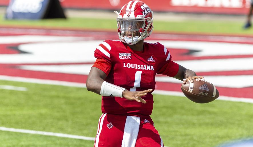 Louisiana-Lafayette quarterback Levi Lewis throws a pass against Georgia Southern during an NCAA college football game, Saturday, Sept. 26, 2020, Lafayette, La. Louisiana-Lafayette won 20-18. (Scott Clause/The Daily Advertiser via AP)