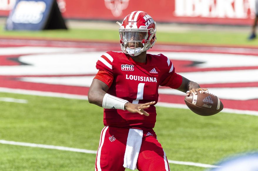 Louisiana-Lafayette quarterback Levi Lewis throws a pass against Georgia Southern during an NCAA college football game, Saturday, Sept. 26, 2020, Lafayette, La. Louisiana-Lafayette won 20-18. (Scott Clause/The Daily Advertiser via AP)