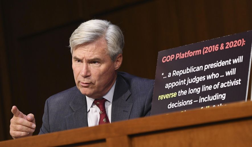 Sen. Sheldon Whitehouse, D-R.I., speaks during a confirmation hearing for Supreme Court nominee Amy Coney Barrett before the Senate Judiciary Committee, Tuesday, Oct. 13, 2020, on Capitol Hill in Washington. (Kevin Dietsch/Pool via AP) ** FILE **