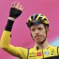 Steven Kruijswijk waves prior to the eight stage of the Giro d&#39;Italian cycling race from San Salvo to Roccaraso, Sunday Oct. 11, 2020. All riders and team staff members were tested for COVID-19 over the last 48 hours coinciding with Monday’s rest day with a total of 571 tests performed. Team Jumbo-Visma announced that Steven Kruijswijk came back positive and was withdrawn. (Gian Mattia D&#39;Alberto/LaPresse via AP)