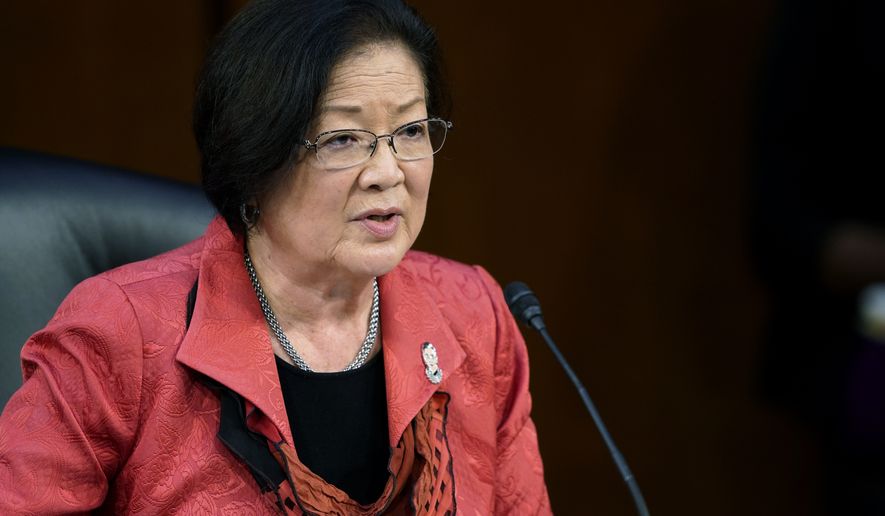 Sen. Mazie Hirono, D-Hawaii, speaks to Supreme Court nominee Amy Coney Barrett during her confirmation hearing before the Senate Judiciary Committee, Wednesday, Oct. 14, 2020, on Capitol Hill in Washington. (AP Photo/Susan Walsh, Pool)