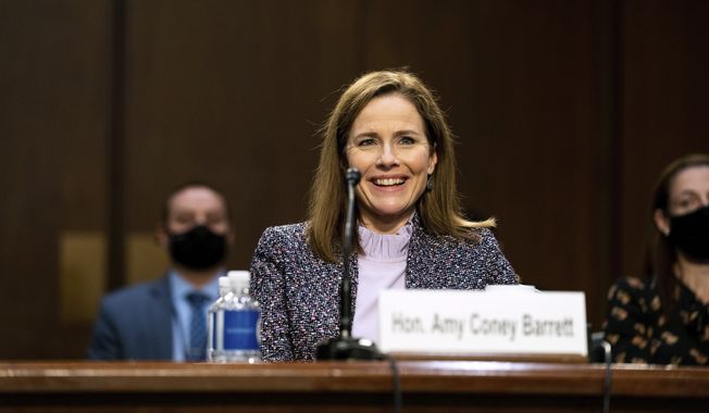 Supreme Court nominee Amy Coney Barrett testifies during the third day of her confirmation hearings before the Senate Judiciary Committee on Capitol Hill in Washington, Wednesday, Oct. 14, 2020. (Anna Moneymaker/The New York Times via AP, Pool)