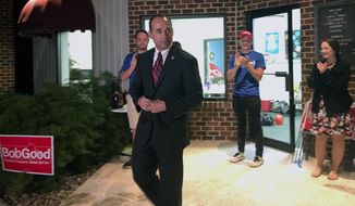 FILE - In this June 14, 2020, file photo 5th Congressional District Republican candidate Bob Good leaves Lynchburg&#39;s Tree of Life Ministries, in Lynchburg, Va. Good is running against Democrat Cameron Webb. (Amy Friedenberger/The Roanoke Times via AP, File)