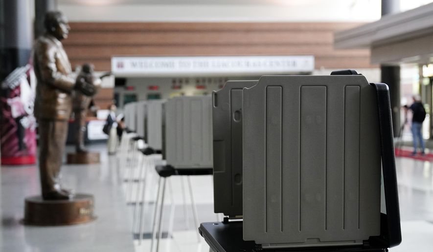 In this file photo, privacy booths are seen at a satellite election office at Temple University&#x27;s Liacouras Center, on Sept. 29, 2020, in Philadelphia. (AP Photo/Matt Slocum) **FILE**
