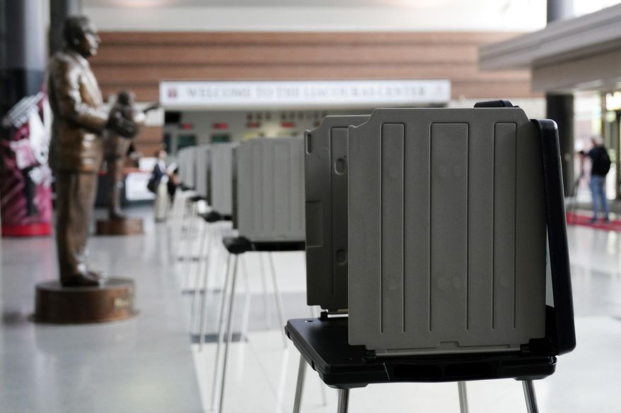 In this file photo, privacy booths are seen at a satellite election office at Temple University&#39;s Liacouras Center, on Sept. 29, 2020, in Philadelphia. (AP Photo/Matt Slocum) **FILE**