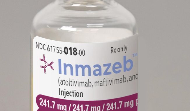 This image provided by Regeneron on Wednesday, Oct. 14, 2020 shows a vial of the company&#x27;s Inmazeb medication. On Wednesday, the U.S. Food and Drug Administration said it has approved the drug for treating Ebola in both adults and children. (Regeneron via AP)