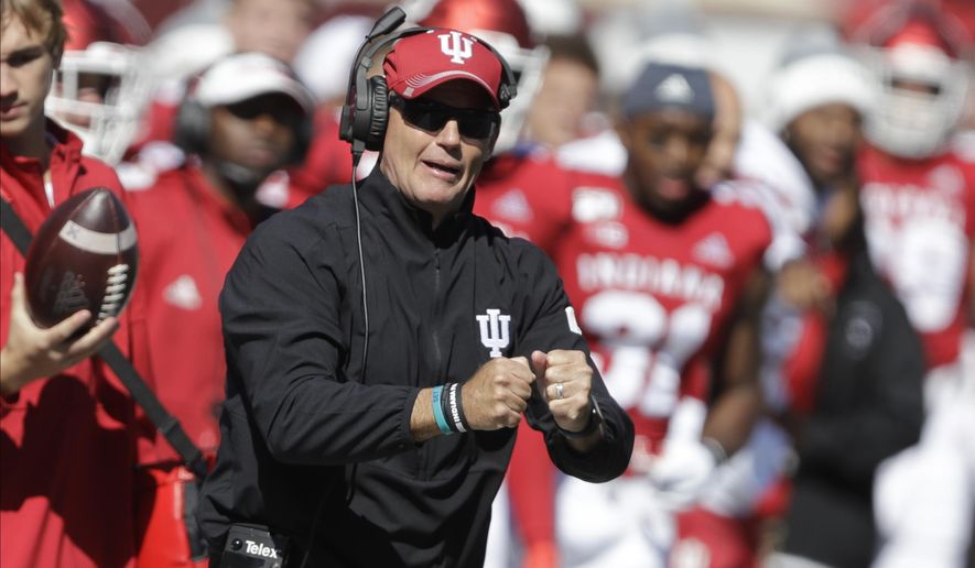 In this photo taken on Saturday, Oct. 12, 2019, Indiana head coach Tom Allen yells during the first half of an NCAA college football game against Rutgers, in Bloomington, Ind. The Hoosiers could be headed to a second straight bowl game despite a brutal schedule that begins with Penn State visiting Bloomington, Indiana, on Oct. 24.(AP Photo/Darron Cummings)