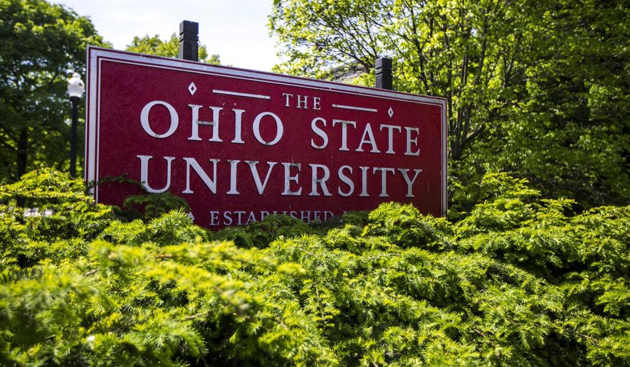 This May 8, 2019, file photo, shows a sign for Ohio State University in Columbus, Ohio. (AP Photo/Angie Wang, File)