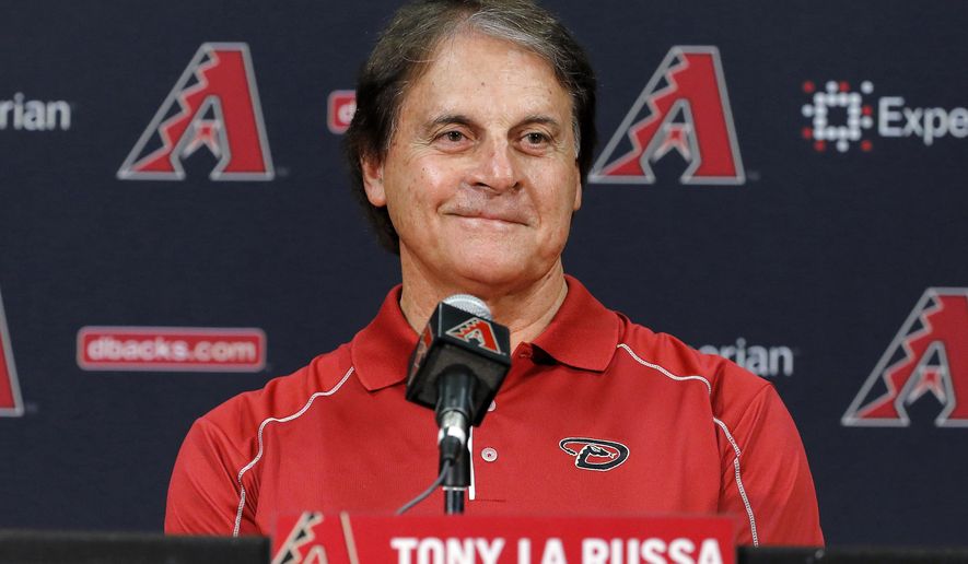 FILE - In this May 17, 2014, file photo, Tony La Russa, newly hired as chief baseball officer for the Arizona Diamondbacks, speaks to reporters after being introduced in Phoenix. The Los Angeles Angels granted the Chicago White Sox permission to interview Hall of Famer Tony La Russa for their managing job, a person familiar with the situation said Wednesday, Oct. 14, 2020. A three-time World Series-winning manager, the 76-year-old La Russa joined the Angels prior to this season as senior advisor of baseball operations. (AP Photo/Matt York, File)