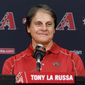 FILE - In this May 17, 2014, file photo, Tony La Russa, newly hired as chief baseball officer for the Arizona Diamondbacks, speaks to reporters after being introduced in Phoenix. The Los Angeles Angels granted the Chicago White Sox permission to interview Hall of Famer Tony La Russa for their managing job, a person familiar with the situation said Wednesday, Oct. 14, 2020. A three-time World Series-winning manager, the 76-year-old La Russa joined the Angels prior to this season as senior advisor of baseball operations. (AP Photo/Matt York, File)