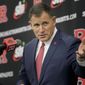 FILE - In this Dec. 4, 2019, file photo, new Rutgers NCAA college football head coach Greg Schiano speaks at an introductory news conference in Piscataway, N.J. Rutgers is scheduled to begin their season against Michigan State on Oct. 24, 2020. (AP Photo/Seth Wenig, File)