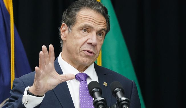 In this Oct. 12, 2020, file photo, New York Gov. Andrew Cuomo speaks during a ceremony unveiling a statue of Mother Frances Cabrini, the patron saint of immigrants, in Battery Park in New York. (AP Photo/Frank Franklin II, File)