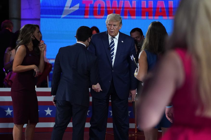 President Donald Trump stands during a break in an NBC News Town Hall, at Perez Art Museum Miami, Thursday, Oct. 15, 2020, in Miami. (AP Photo/Evan Vucci)