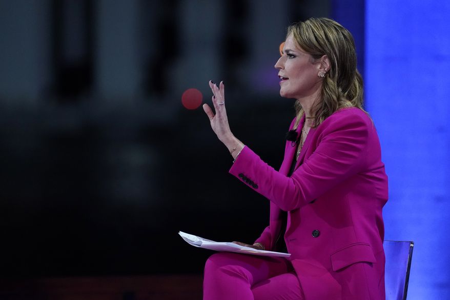 Moderator Savannah Guthrie speaks during an NBC News Town Hall with President Donald Trump at Perez Art Museum Miami, Thursday, Oct. 15, 2020, in Miami. (AP Photo/Evan Vucci)