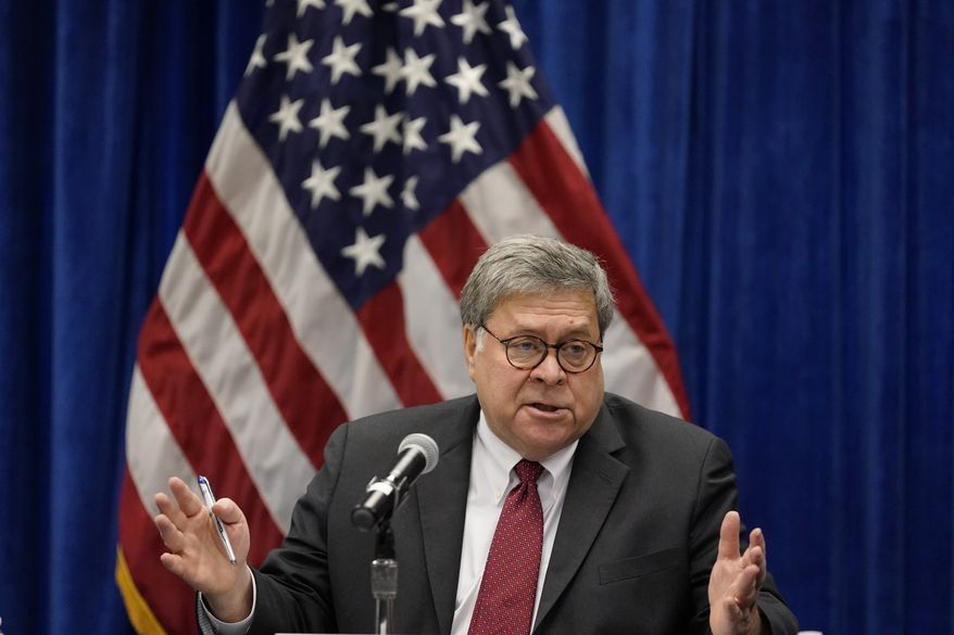 U.S. Attorney General William Barr speaks during a roundtable discussion on Operation Legend, a federal program to help cities combat violent crime, Thursday, Oct. 15, 2020, in St. Louis. (AP Photo/Jeff Roberson)