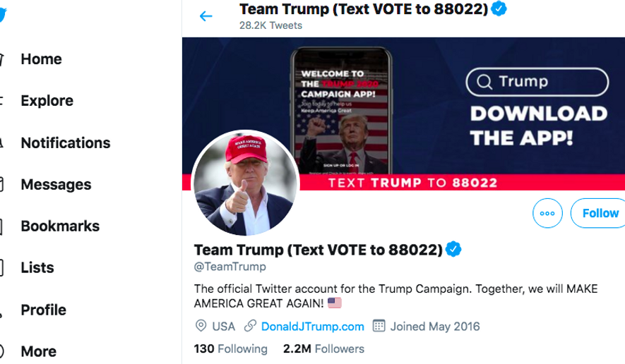 A screenshot of the Trump Team&#39;s Twitter page.