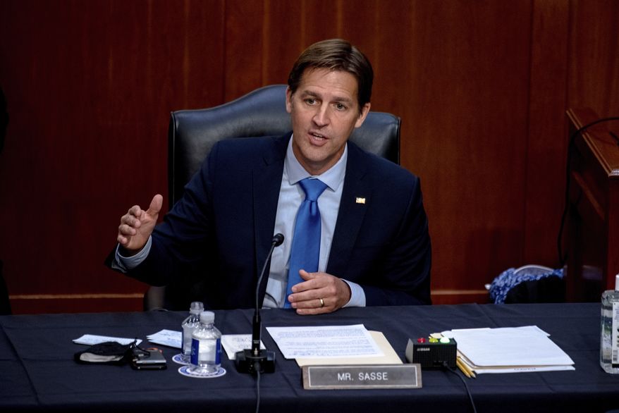In this Oct. 14, 2020, file photo, Sen. Ben Sasse, R-Neb., speaks during the confirmation hearing for Supreme Court nominee Amy Coney Barrett, before the Senate Judiciary Committee on Capitol Hill in Washington. Sen. Sasse told constituents in a telephone town hall meeting that President Donald Trump has flirted with White supremacists, mocks Christian evangelicals in private, and kisses dictators&#39; butts. (Hilary Swift/The New York Times via AP, Pool, File)