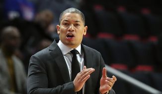 In this Thursday, Oct. 25, 2018, file photo, Cleveland Cavaliers head coach Tyronn Lue gestures during the first half of an NBA basketball game against the Detroit Pistons, in Detroit. Tyronn Lue has agreed in principle to become the next coach of the Los Angeles Clippers. Final terms were still being worked on, according to the person who spoke to The Associated Press on condition of anonymity Thursday, Oct. 15, 2020, because no contract had been signed. (AP Photo/Carlos Osorio, File)  **FiLE**
