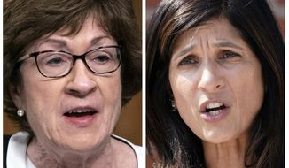 FILE - This pair of 2020 file photos shows incumbent U.S. Sen. Susan Collins, R-Maine, left, and Maine House Speaker Sara Gideon, D-Freeport, right, who are running in the Nov. 3, 2020, election to represent Maine in the U.S. Senate. (AP Photos, File)