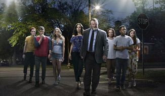 This image released by Peacock shows, from left, Breeda Wool, Harry Treadaway, Kelly Lynch, Mary-Louise Parker, Brendan Gleeson, Holland Taylor, Jharrel Jerome and Justine Lupe from the series &amp;quot;Mr. Mercedes,&amp;quot; based on a Stephen King trilogy. The first two seasons of “Mr. Mercedes” will be bingeable on Peacock starting on Oct. 15. (Photo by: Sonar Entertainment/Peacock)