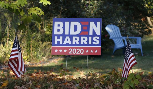 A campaign yard sign shows support for former Democrat Vice President Joe Biden and running mate Sen. Kamala Harris, Thursday, Oct. 15, 2020, in Marlborough, Mass. (AP Photo/Bill Sikes)