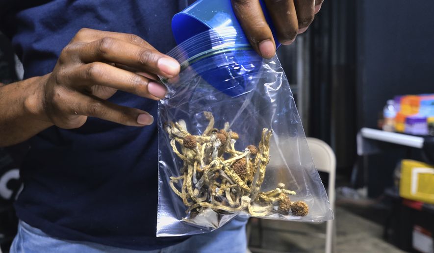 In this May 24, 2019, photo, a vendor bags psilocybin mushrooms at a pop-up cannabis market in Los Angeles. Voters in Oregon in November 2020 will decide on a measure that would legalize therapeutic, regulated use of psilocybin. The measure would require the Oregon Health Authority to allow licensed, regulated production and possession of psilocybin exclusively for administration by licensed facilitators to clients. (AP Photo/Richard Vogel) **FILE**
