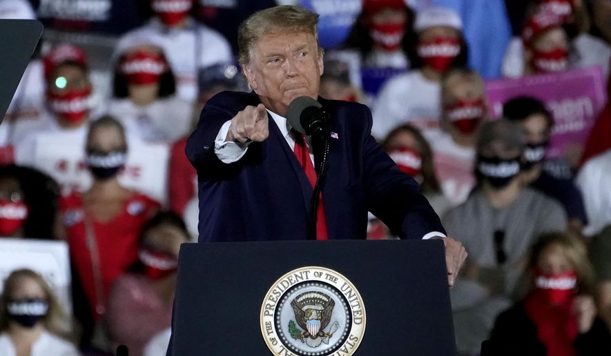 President Donald Trump speaks during a campaign rally at Middle Georgia Regional Airport, Friday, Oct. 16, 2020, in Macon, Ga. (AP Photo/John Bazemore)