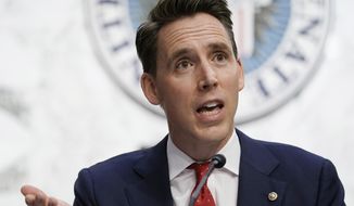 Sen. Josh Hawley, R-Mo., speaks during the confirmation hearing for Supreme Court nominee Amy Coney Barrett, before the Senate Judiciary Committee, Wednesday, Oct. 14, 2020, on Capitol Hill in Washington. (Ken Cedeno/Pool via AP) ** FILE **