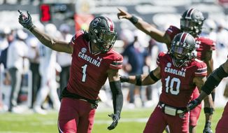 South Carolina defensive back Jaycee Horn (1) celebrates an interception against Auburn during the first half of an NCAA college football game Saturday, Oct. 17, 2020, in Columbia, S.C. (AP Photo/Sean Rayford)