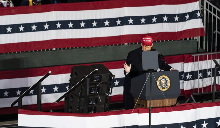 President Donald Trump speaks during a campaign rally at Southern Wisconsin Regional Airport, Saturday, Oct. 17, 2020, in Janesville, Wis. (AP Photo/Alex Brandon)