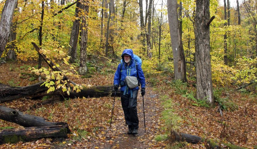 Artist Rob Mullen walks down Long Trail, the country&#39;s oldest long distance trail, in Manchester, Vt., on Tuesday, Oct. 13, 2020. Mullen was nearing the end of his 272-mile month-long hike down the length of Vermont, painting along the way. (AP Photo/Lisa Rathke)