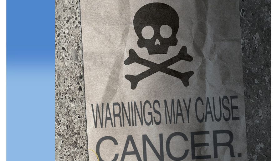 Illustration on cancer warnings by Alexander Hunter/The Washington Times