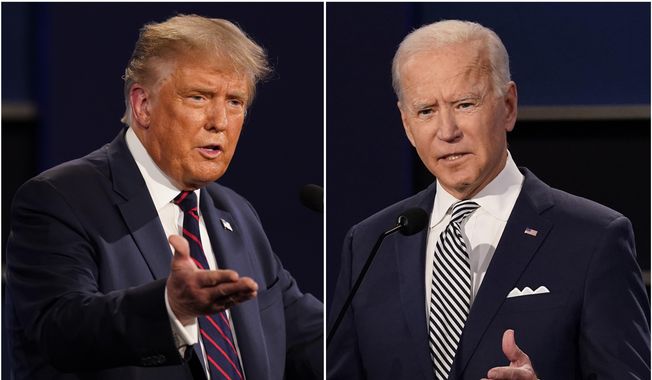 This combination of photos shows President Donald Trump, left, and former Vice President Joe Biden during the first presidential debate at Case Western University and Cleveland Clinic, in Cleveland, Ohio on Sept. 29, 2020. A staggering 97 percent of the jokes Stephen Colbert and Jimmy Fallon told about the candidates in September targeted President Donald Trump, a study released Monday found. That&#x27;s 455 jokes about Trump, 14 about Democrat Joe Biden, according to the Center for Media and Public Affairs at George Mason University. (AP Photo/Patrick Semansky)
