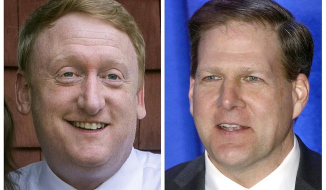 FILE - This pair of 2020 file photos shows Democrat challenger Dan Feltes, left, and Republican incumbent Gov. Chris Sununu, right, who are running for New Hampshire governor in the Nov. 3, 2020, general election. (AP Photos, File)