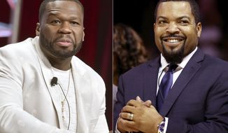 Curtis &quot;50 Cent&quot; Jackson participates in the Starz &quot;Power&quot; panel at the Television Critics Association Summer Press Tour in Beverly Hills, Calif., on July 26, 2019, left, and BIG3 League founder Ice Cube at the debut of the BIG3 Basketball League in New York on June 25, 2017. An altered photo of the rappers in hats that appear to show support for President Donald Trump circulated widely on social media Tuesday, fueled in part by a tweet by Eric Trump. The manipulated image was shared thousands of times on Twitter and Facebook since it began gaining attention on Monday.  (AP Photo)