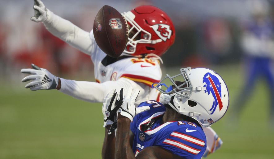 Kansas City Chiefs safety Juan Thornhill (22) breaks up a pass to Buffalo Bills&#39; John Brown (15) during the first half of an NFL football game, Monday, Oct. 19, 2020, in Orchard Park, N.Y. (AP Photo/Jeffrey T. Barnes)