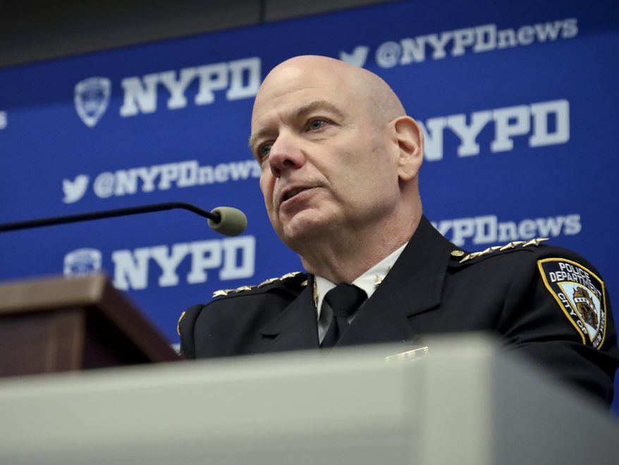 FILE- In this Feb. 13, 2019 file photo, Terence Monahan, the New York Police Department's Chief of Department, addresses the media during a news conference in New York. The New York Police Department on Tuesday, Oct. 20, 2020, rejected concerns that a police union's endorsement of President Donald Trump could lead to officers mistreating anti-Trump voters and protesters. "When we put on this uniform, we are apolitical," Monahan said. "We have no stance in one way or another." (AP Photo/Bebeto Matthews, File)