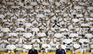 Virginia Military Institute cadets applaud during a speech by Vice President Mike Pence at Cameron Hall, Thursday, Sept. 10, 2020, in Lexington, Va. (Heather Rousseau/The Roanoke Times via AP) ** FILE **