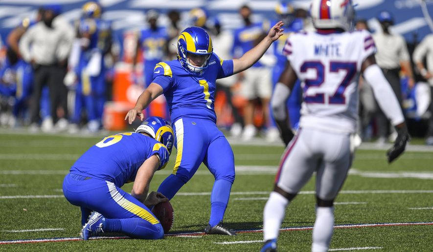 Los Angeles Rams kicker Sam Sloman (1) kicks a field goal during the first half of an NFL football game against the Buffalo Bills Sunday, Sept. 27, 2020, in Orchard Park, N.Y. (AP Photo/Adrian Kraus)