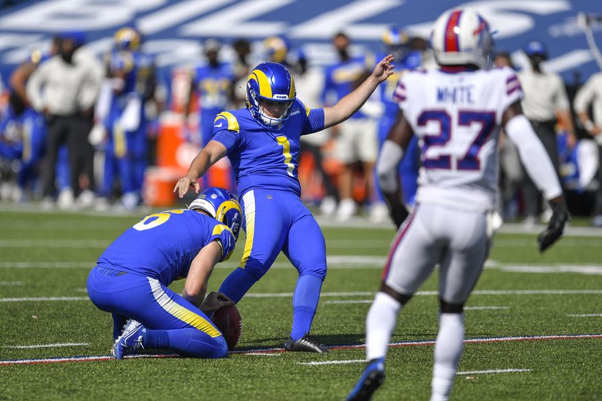 Los Angeles Rams kicker Sam Sloman (1) kicks a field goal during the first half of an NFL football game against the Buffalo Bills Sunday, Sept. 27, 2020, in Orchard Park, N.Y. (AP Photo/Adrian Kraus)