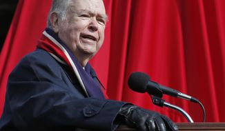 FILE - In this April 14, 2018 file photo, David Boren, president of the University of Oklahoma, speaks during the unveiling of a statue of former head football coach Bob Stoops in Norman, Okla. Special Prosecutor Pat Ryan said in a news release Tuesday, Oct. 20, 2020, that Boren, and former university Vice President James &amp;quot;Tripp&amp;quot; Hall III will not be charged for alleged sexual misconduct with OU students. Boren retired in 2018 and later severed all ties with the university after the allegations became public and Hall was among dozens of university employees fired by Boren’s successor, James Gallogly, as part of a cost-cutting move  on his first day on the job in 2018. (AP Photo/Sue Ogrocki, File)