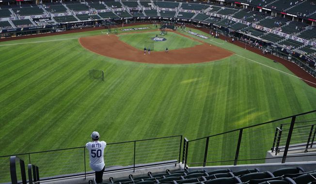 A fan watches batting practice from center field before Game 1 of the baseball World Series between the Los Angeles Dodgers and the Tampa Bay Rays Tuesday, Oct. 20, 2020, in Arlington, Texas.(AP Photo/Sue Ogrocki)