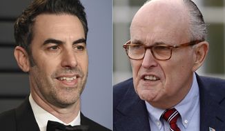 Sacha Baron Cohen arrives at the Vanity Fair Oscar Party in Beverly Hills, Calif., on March 4, 2018, left, and  former New York Mayor Rudy Giuliani at the Trump National Golf Club Bedminster clubhouse in Bedminster, N.J. on Nov. 20, 2016. Giuliani appears in a scene in the new “Borat” film. The scene, which was filmed in a New York hotel room in July, resulted in Giuliani calling police. (AP Photo)